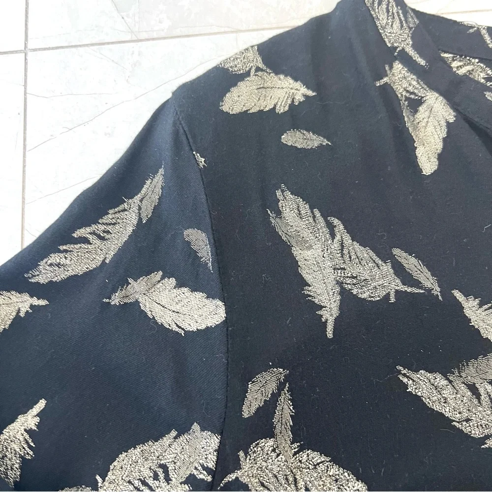 JOHNNY WAS Workshop Black Metallic Gold Feathers Embroidered Hem Mini Dress Sz L - Picture 12 of 16